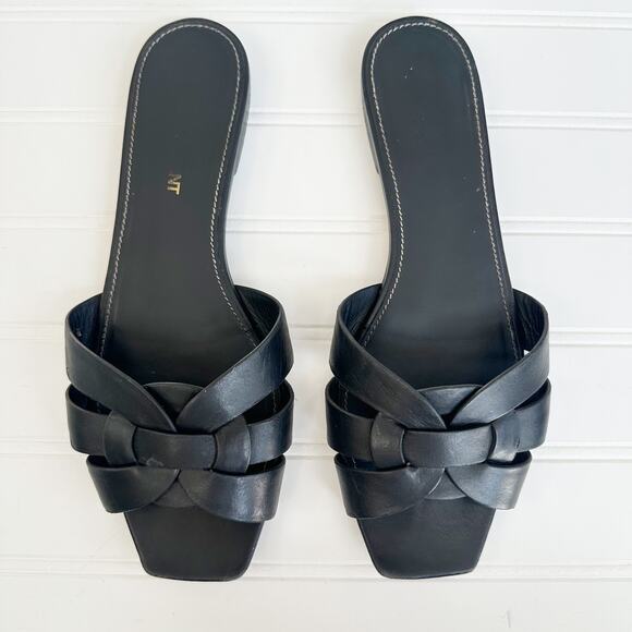 Saint Laurent Tribute Sandal Flat Mules Black Slides Smooth Leather 37.5 - Picture 1 of 7